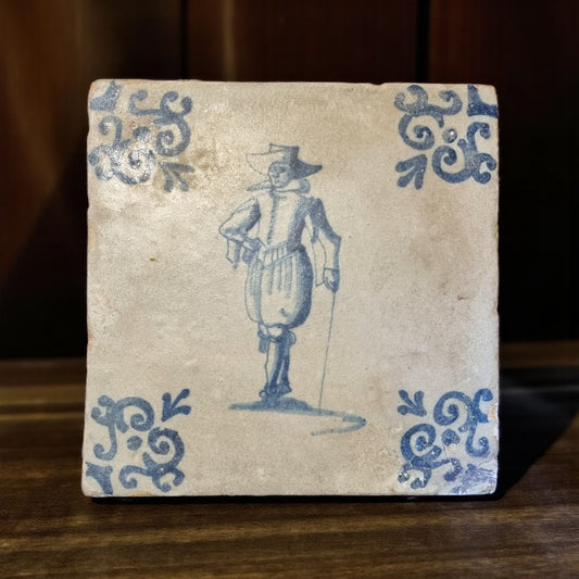 Early-to-Mid 17th-Century Dutch Antique Delftware Tile Depicting A Gentleman, circa 1625-1650