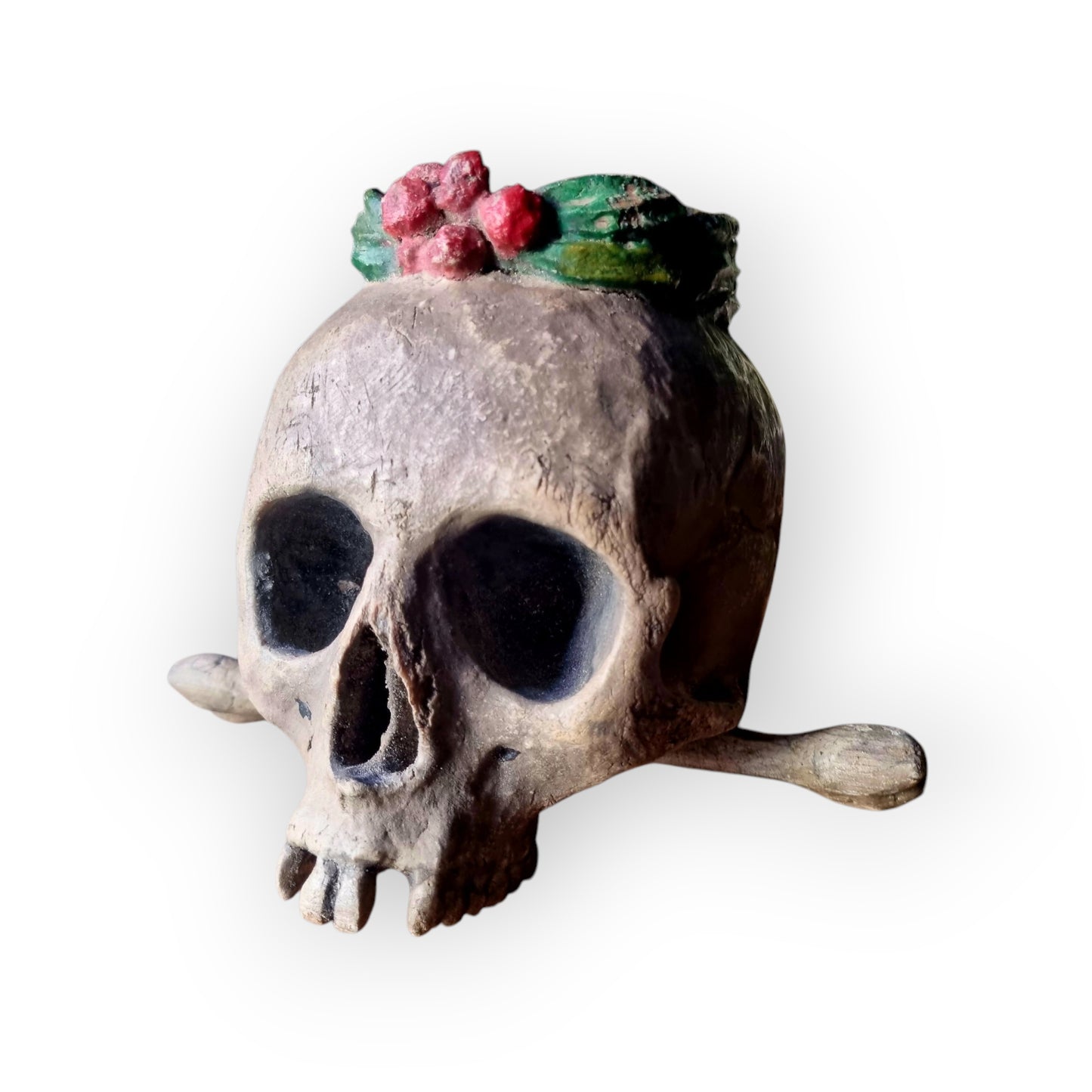 18th-Century Baroque Antique Carved Wooden Memento Mori In The Form Of A Human Skull With A Death Crown