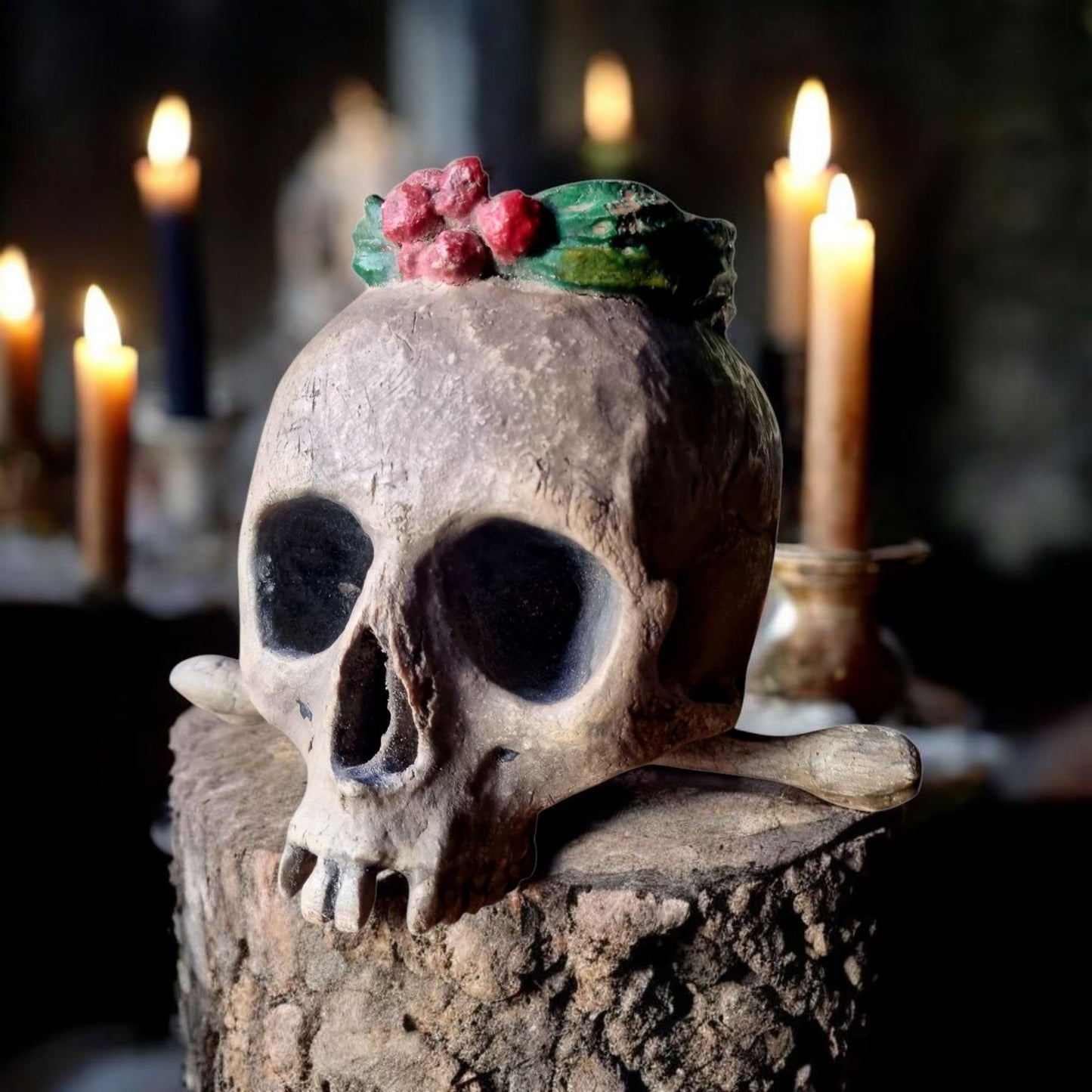 18th-Century Baroque Antique Carved Wooden Memento Mori In The Form Of A Human Skull With A Death Crown
