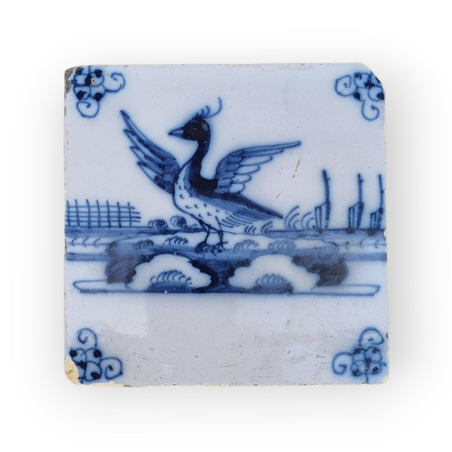 Mid 18th-Century Dutch Antique Delftware Tile Depicting A Stylised Goose