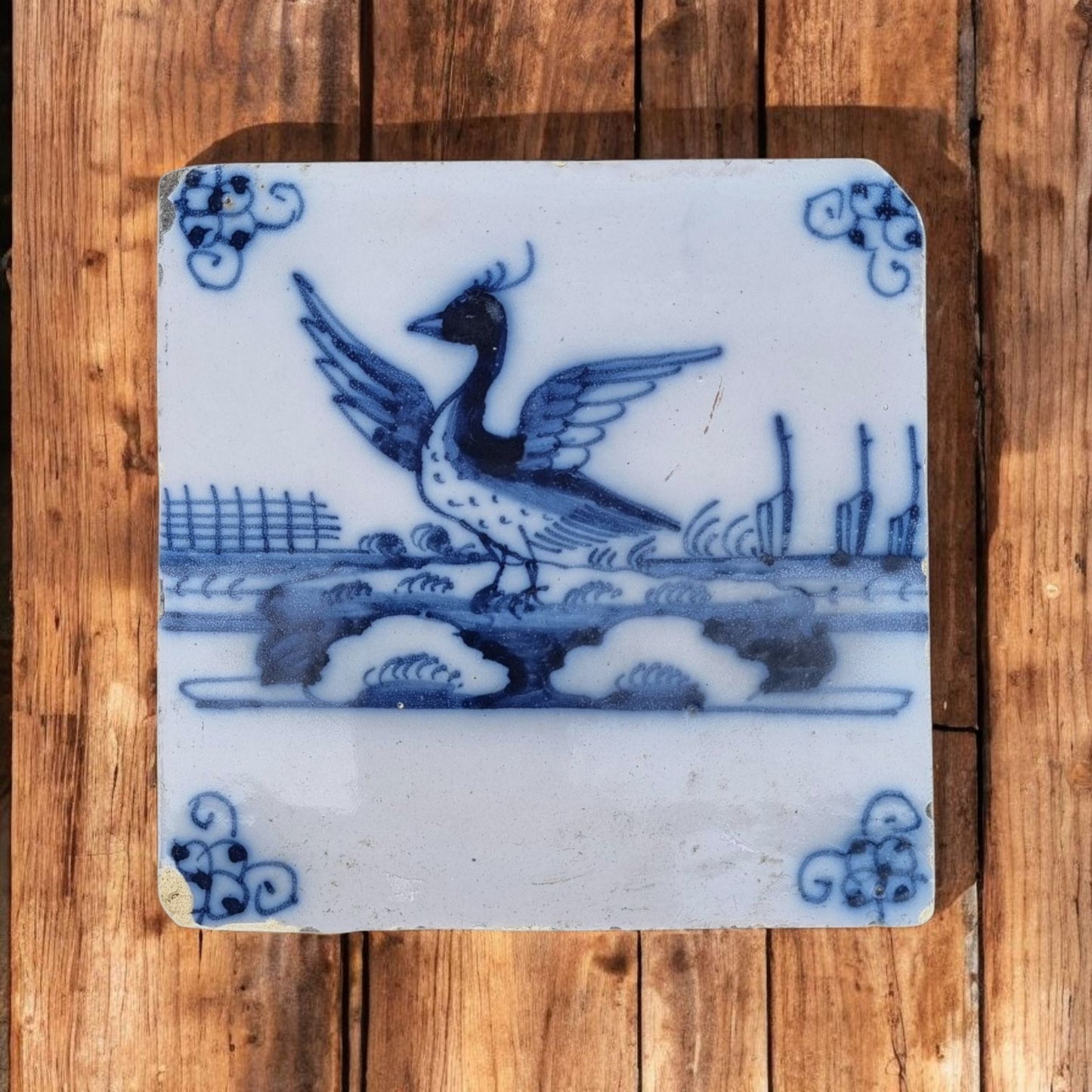Mid 18th-Century Dutch Antique Delftware Tile Depicting A Stylised Goose
