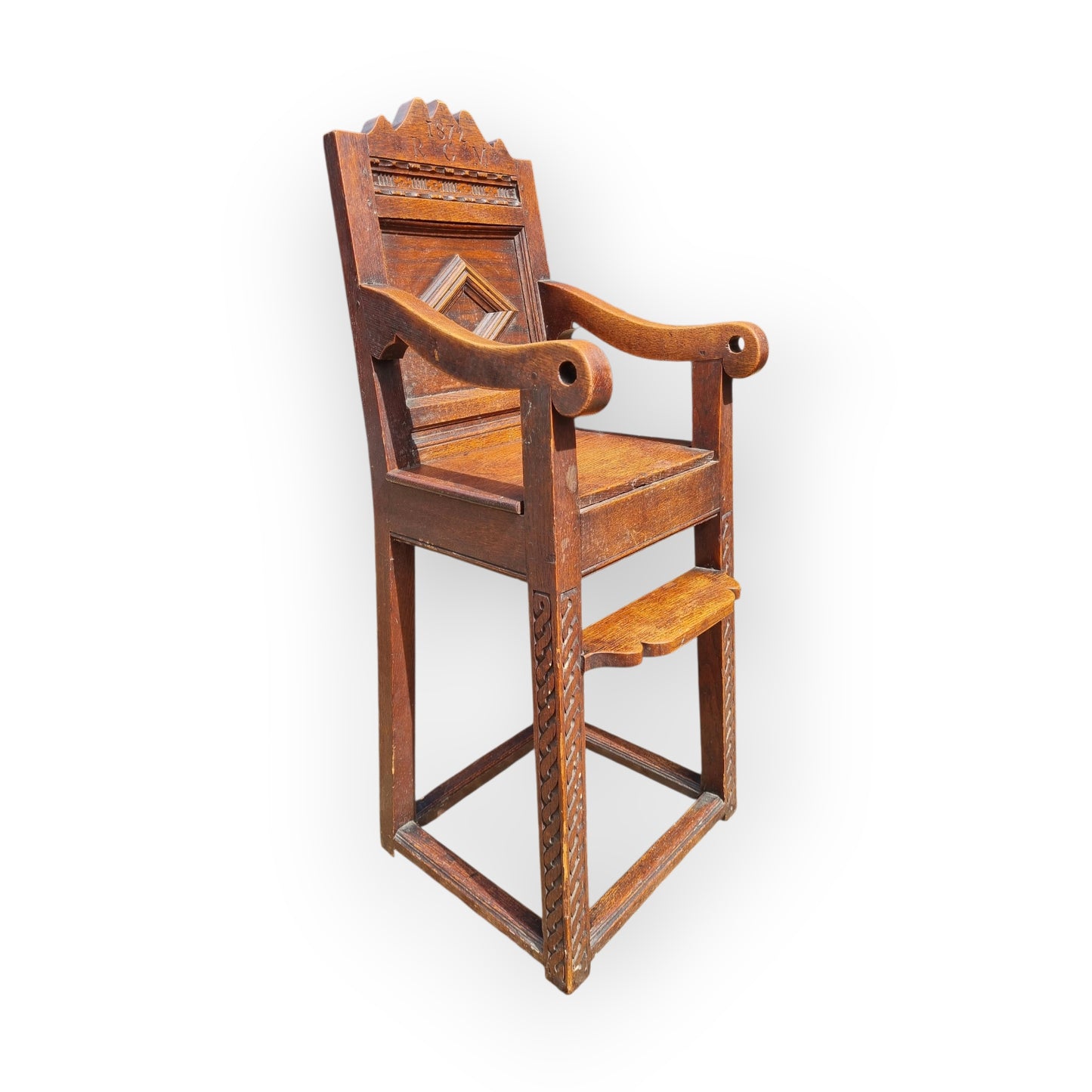 17th-Century Style, English Antique Oak Child's Highchair, Bearing The Initials "RCM" & Dated "1872"