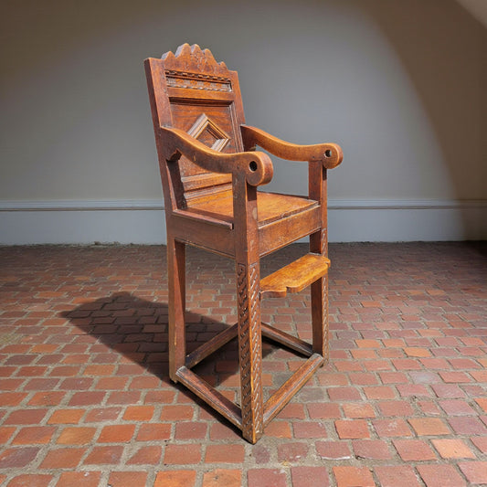 17th-Century Style, 19th-Century Made, English Antique Oak Child's Highchair, Bearing The Initials "RCM" & Dated "1872"