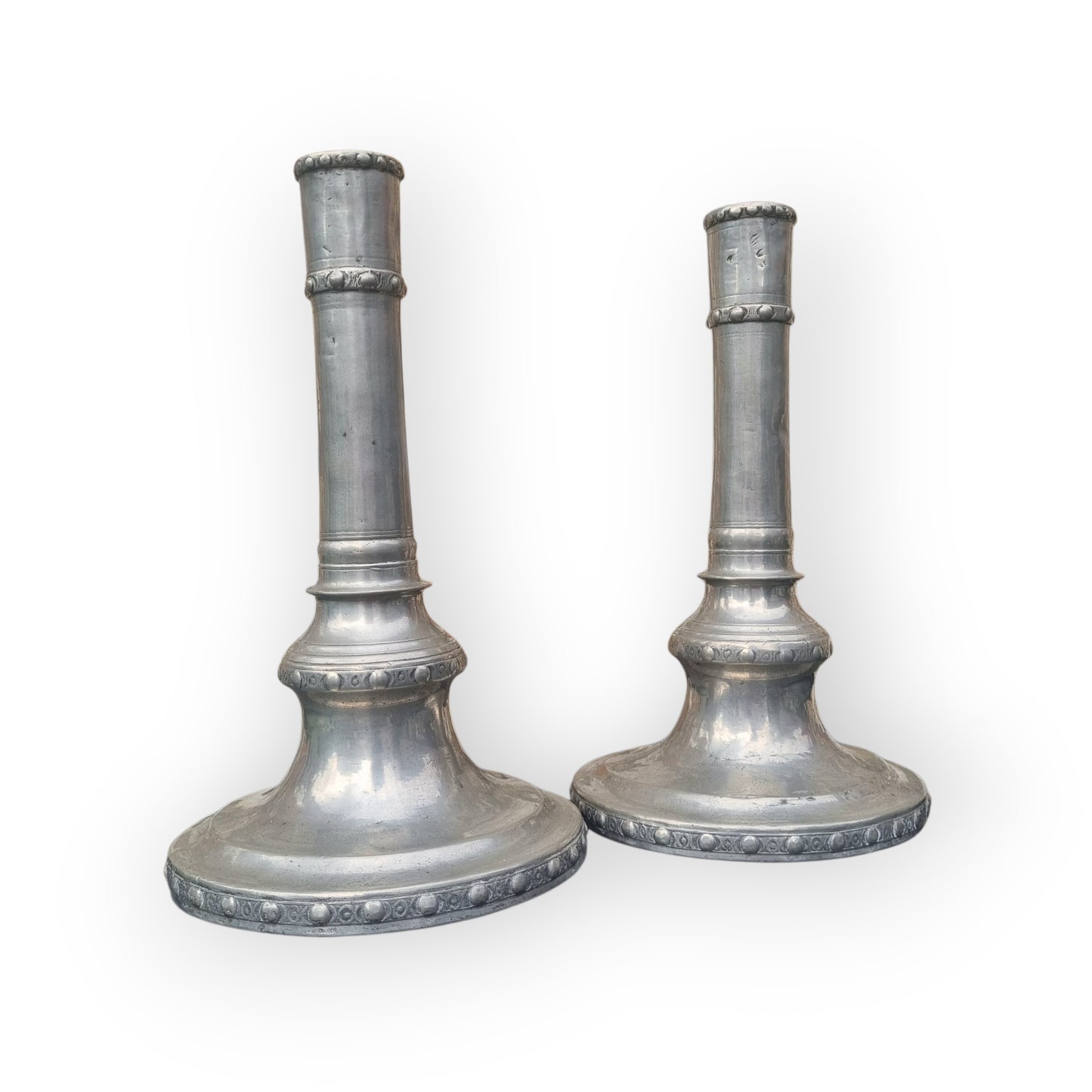 A Pair of 18th Century Gustavian Antique Pewter Candlesticks, Bearing The Name Of M Moberg & Dated "1786"