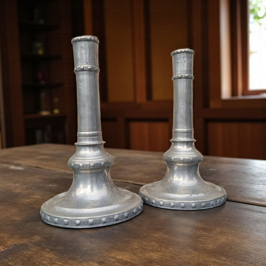 A Pair of 18th Century Gustavian  Antique Pewter Candlesticks, Bearing The Name Of M Moberg & Dated "1786"
