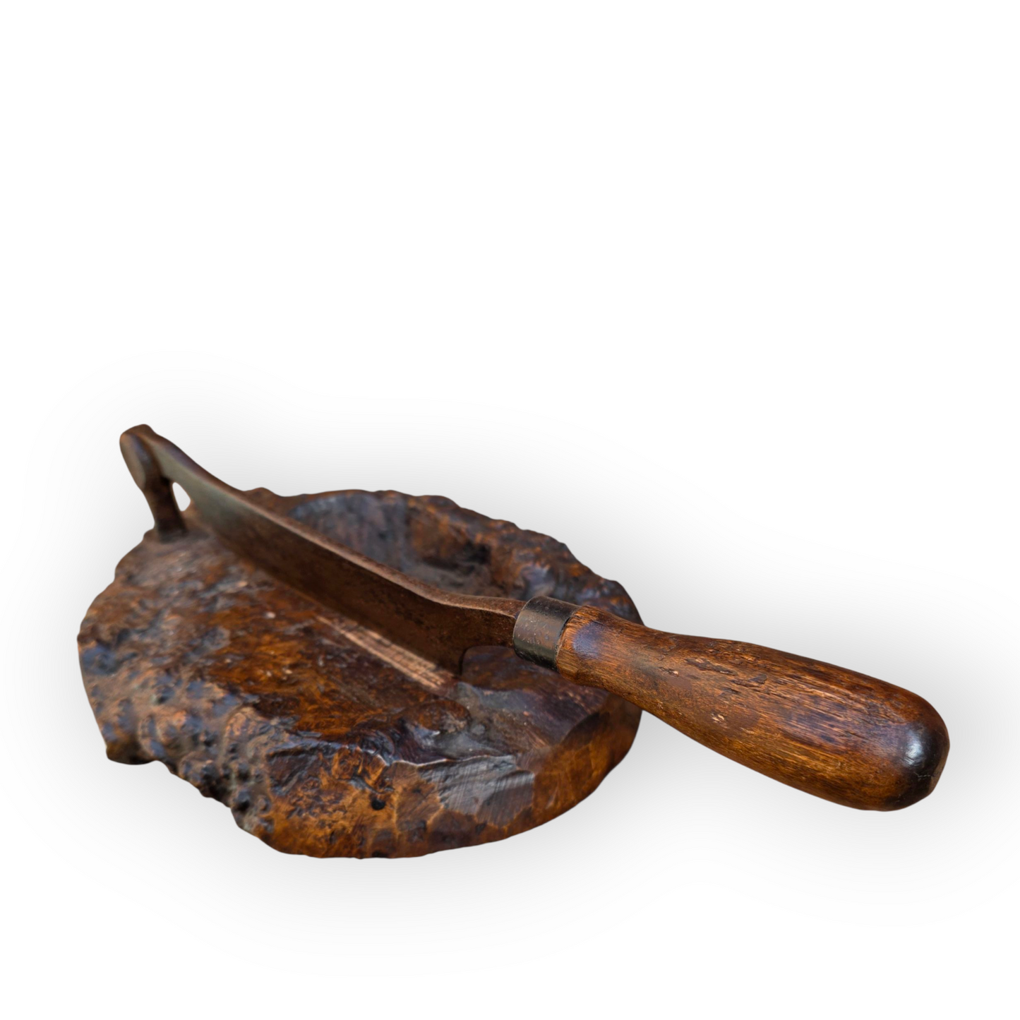 Late 18th Century Rustic Antique Herb Chopper With A Burr Wood Base