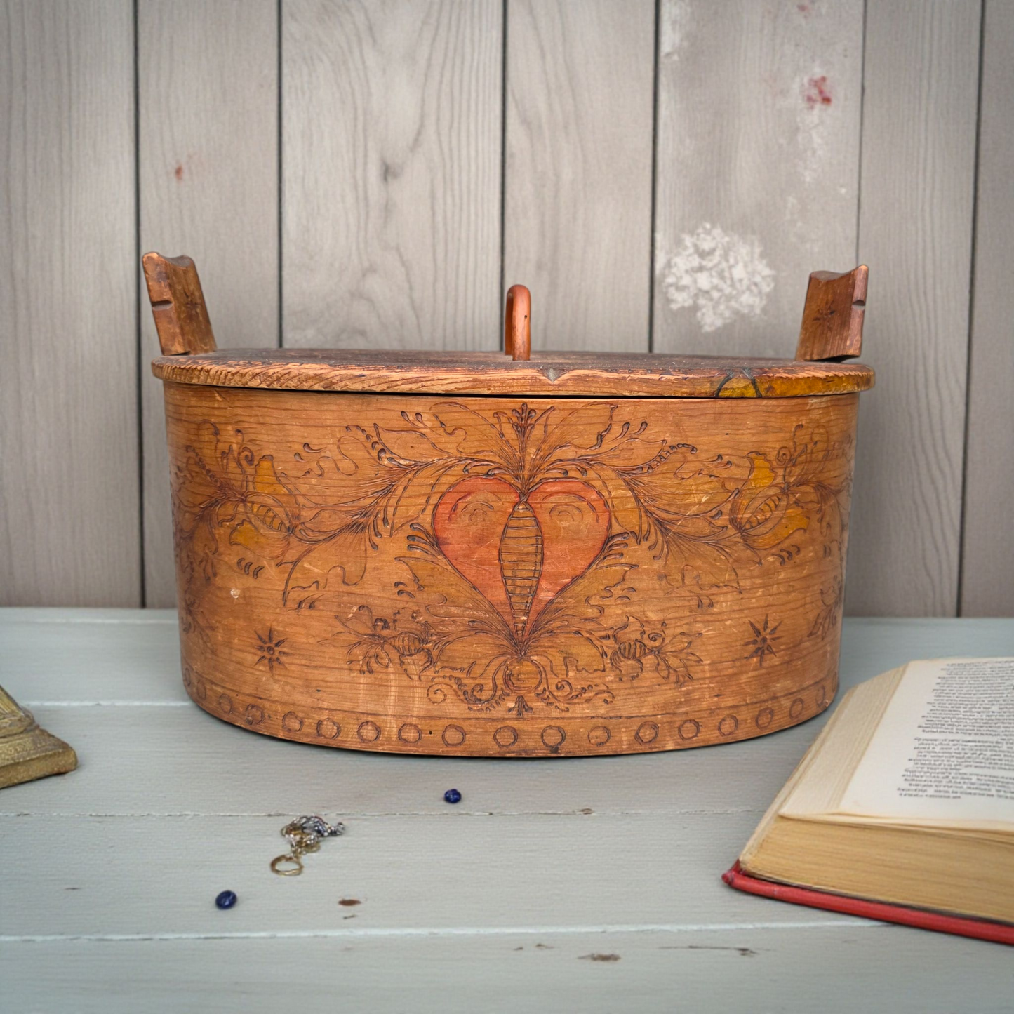 Late 18th Century Scandinavian Antique Bent Wood Box Bearing Two Love Hearts
