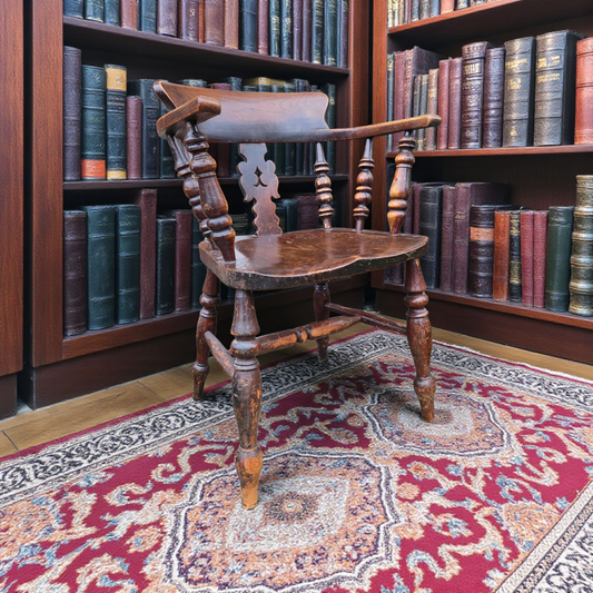 19th-Century English Antique Captain’s Chair / Smoker’s Bow Armchair – Elm & Ash