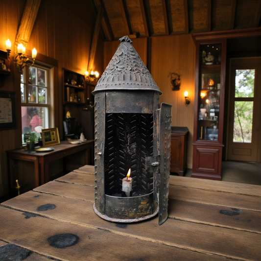 Late 18th-Century English Toleware Shepherd’s Lantern | Punched Tin Candleholder
