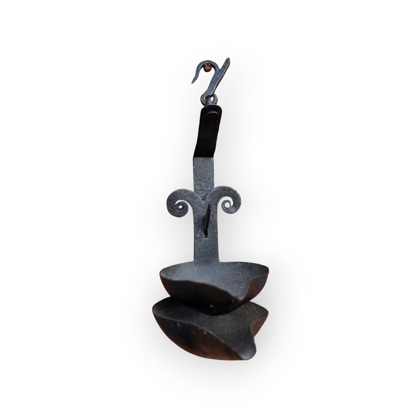 18th-Century Scottish Antique Double-Valve "Ramshead" Wrought Iron Cruisie Lamp