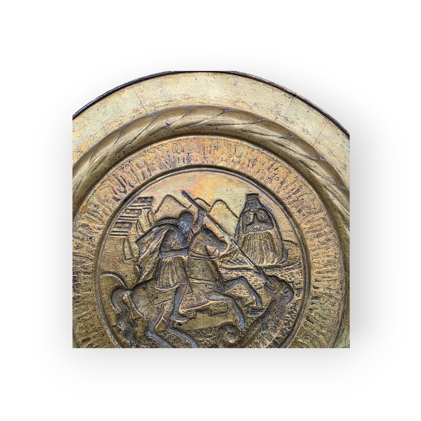 Large 19th‑Century Antique Brass Charger / Alms Dish in the 16th‑Century Style – Saint George Slaying the Dragon