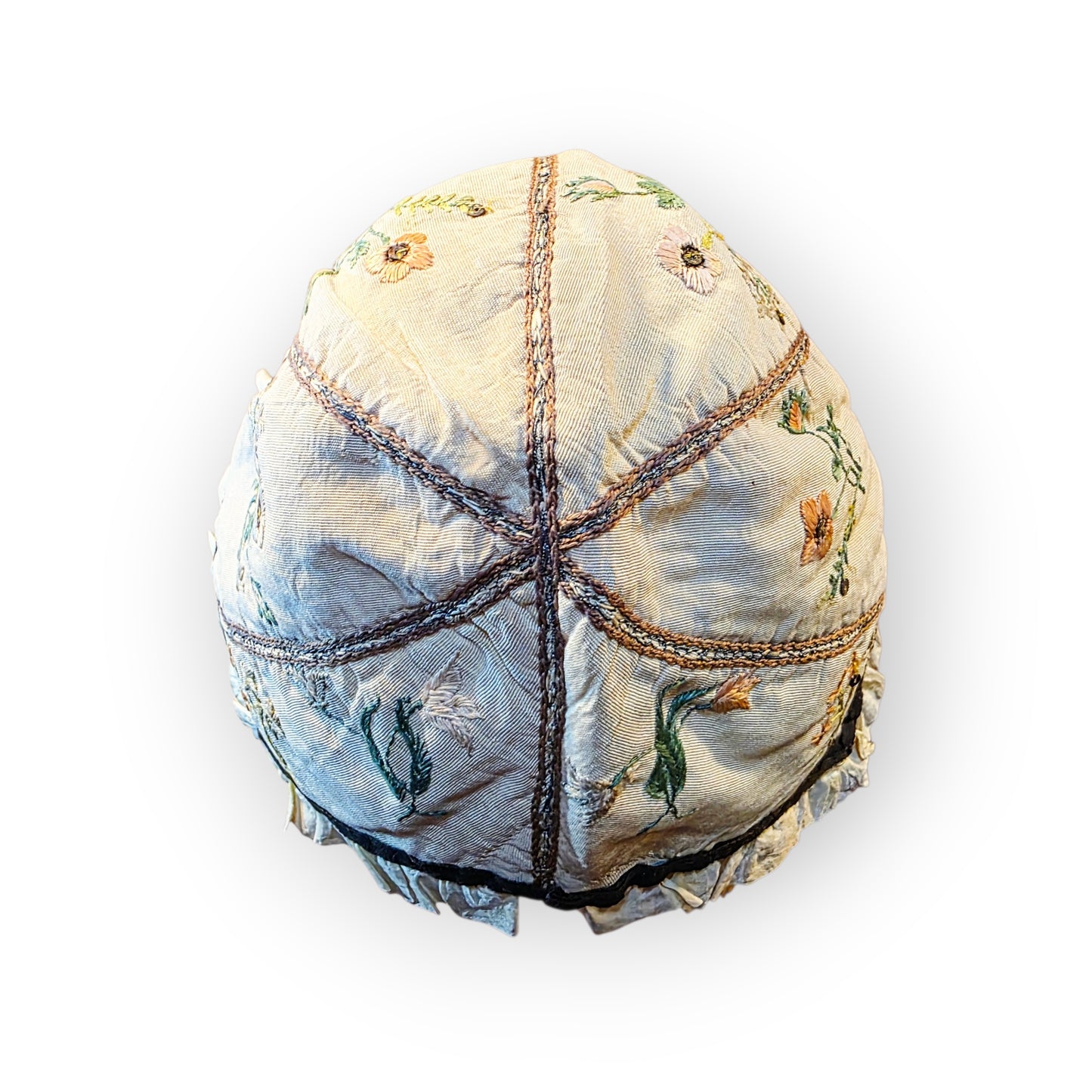 Rare 17thC English Antique Child's Bonnet with Floral & Foliate Embroidery