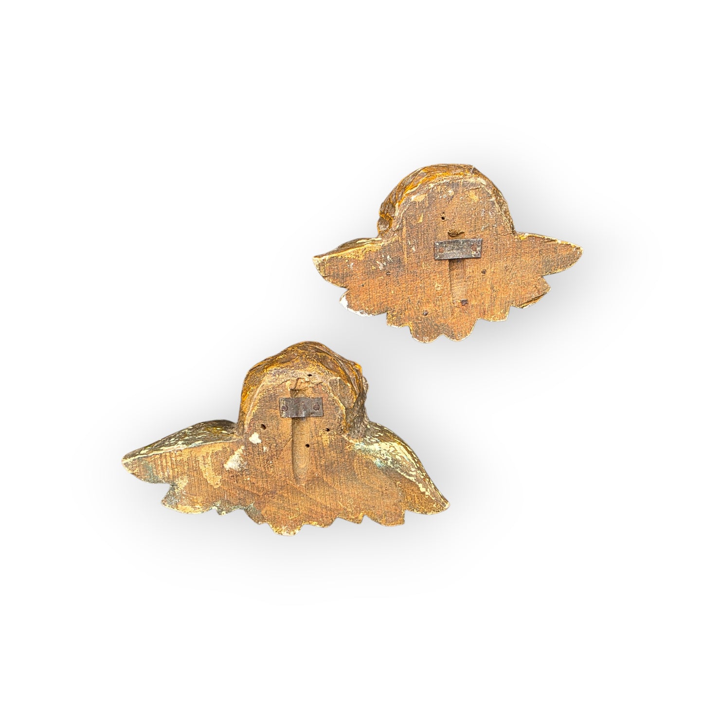 Pair of Diminutive Early 18th-Century Baroque Antique Carved Wooden Winged Cherubs