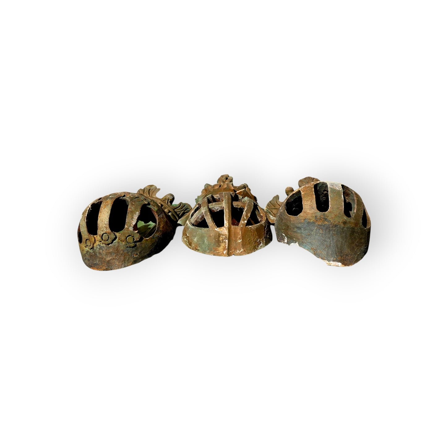 Set of Three Large 17th–18th Century Antique Carved Limewood Heraldic Helms with Coronets