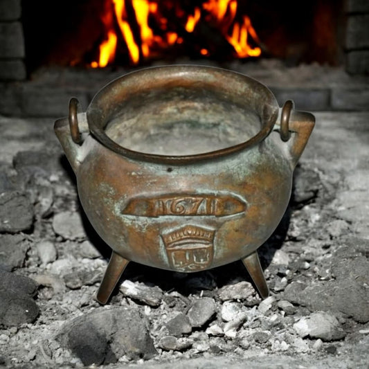 17th-Century Antique Bronze Grapen / Cooking Pot / Cauldron Dated "1671" & Bearing An Armorial Device / Coat Of Arms