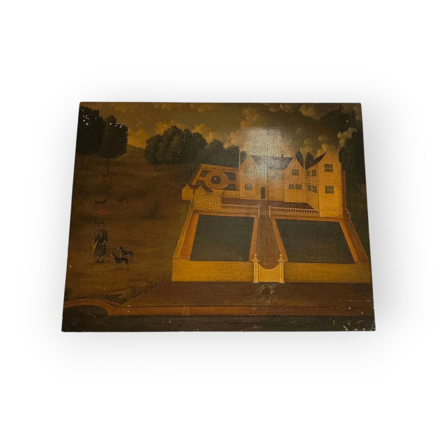 Naive 18th-Century Style Primitive Antique Painting of a Country House