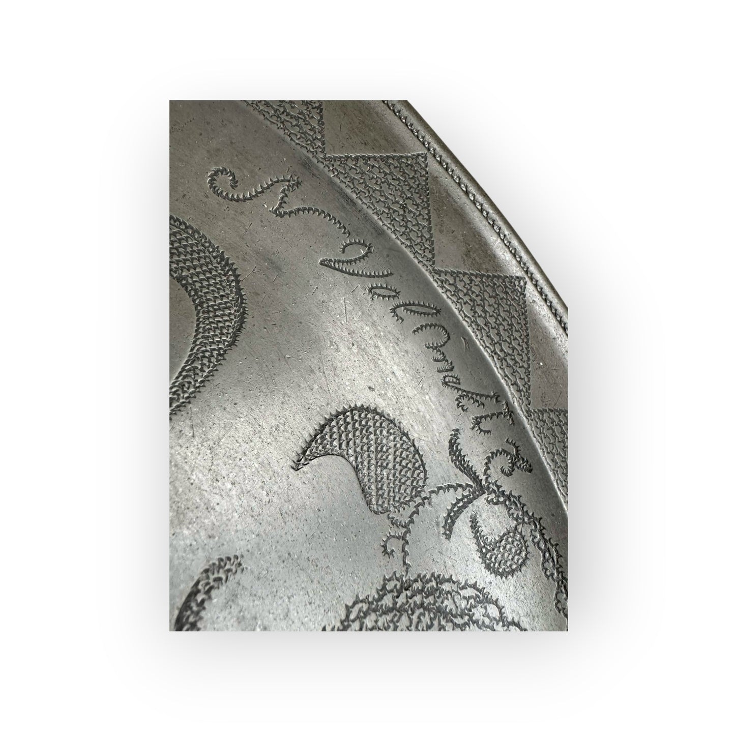 Late 18th‑Century English Antique Pewter Wriggle-Work Decorated Charger by Christopher Perry of London, Dated 1791