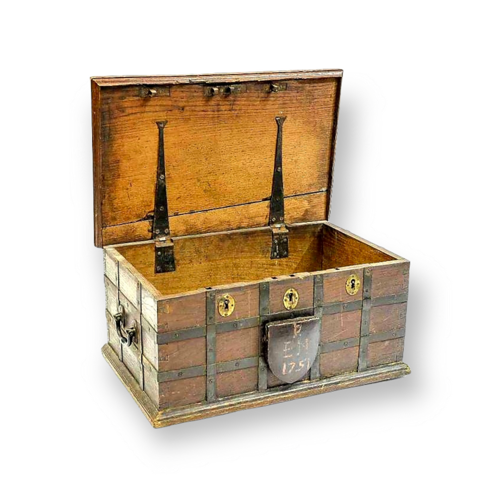 Mid 18th Century English Antique Oak Iron Bound Box Strongbox, Bearing Initials "PEM" & Dated "1751"
