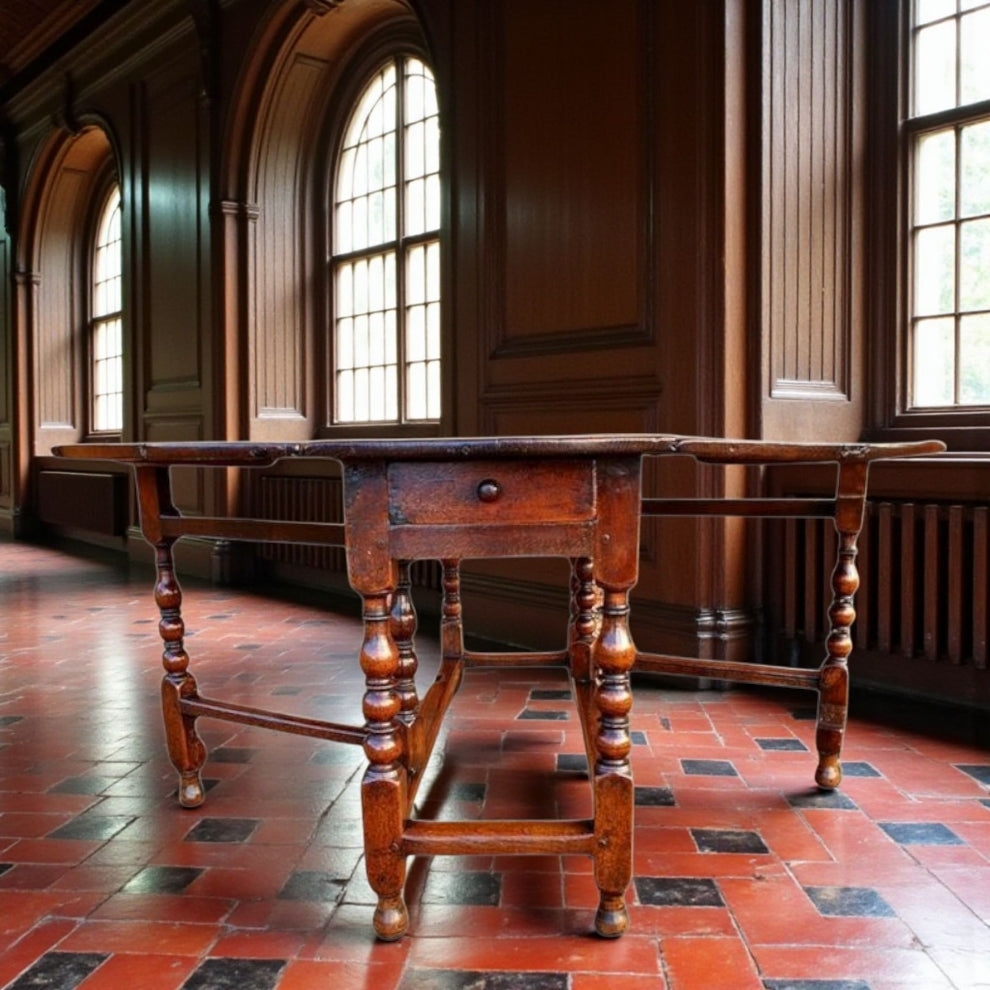 A Well-Patinated Late 17th-Century English Antique Walnut, Elm & Oak Gateleg Table, Circa 1680