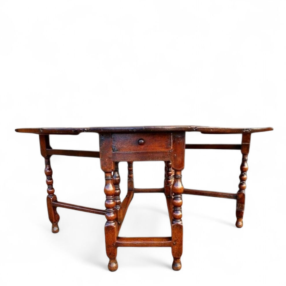 A Well-Patinated Late 17th-Century English Antique Walnut, Elm & Oak Gateleg Table, Circa 1680