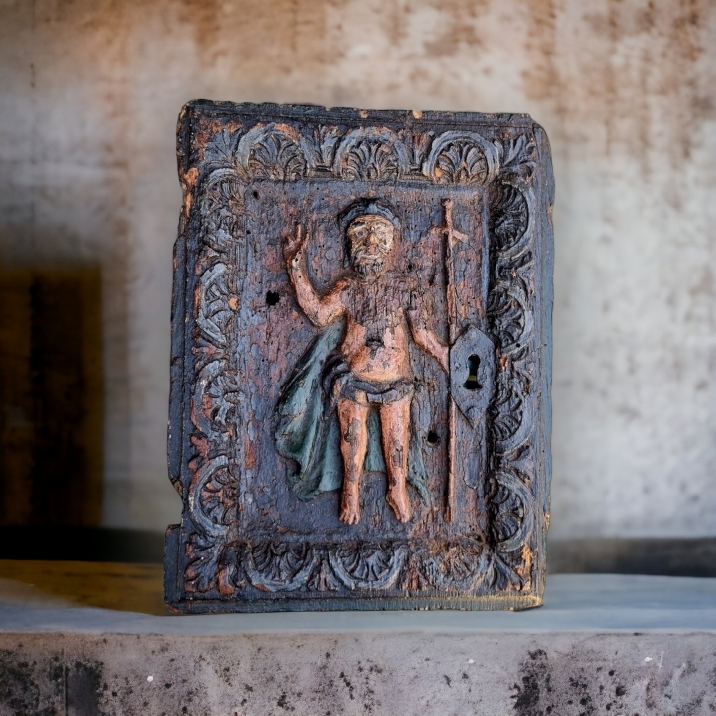 16th Century Antique Carved Oak Portrait Panel Of A Saint, Formerly A Tabernacle Door