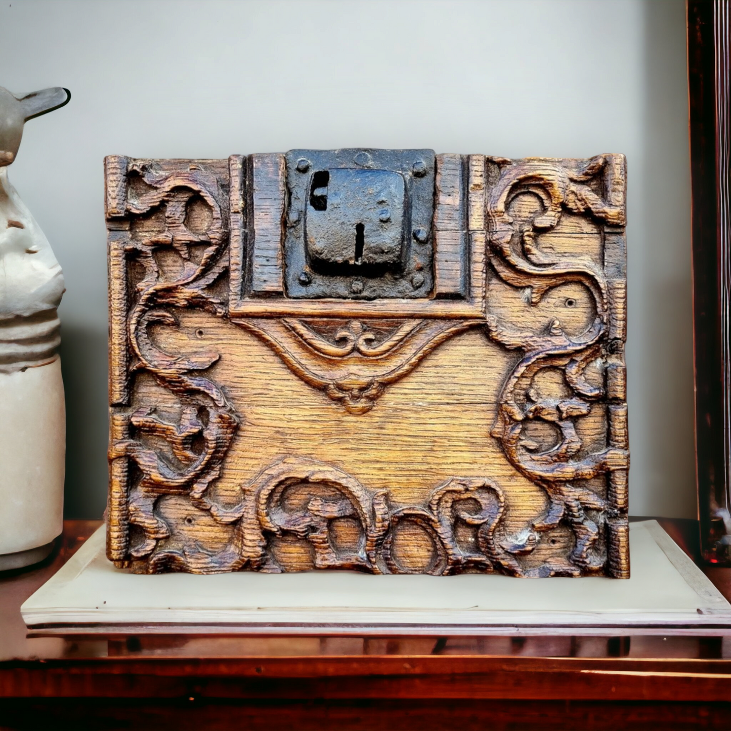 16th Century Antique Iron Lock Mounted on a Carved Oak Panel