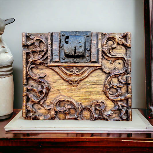 16th Century Antique Iron Lock Mounted on a Carved Oak Panel