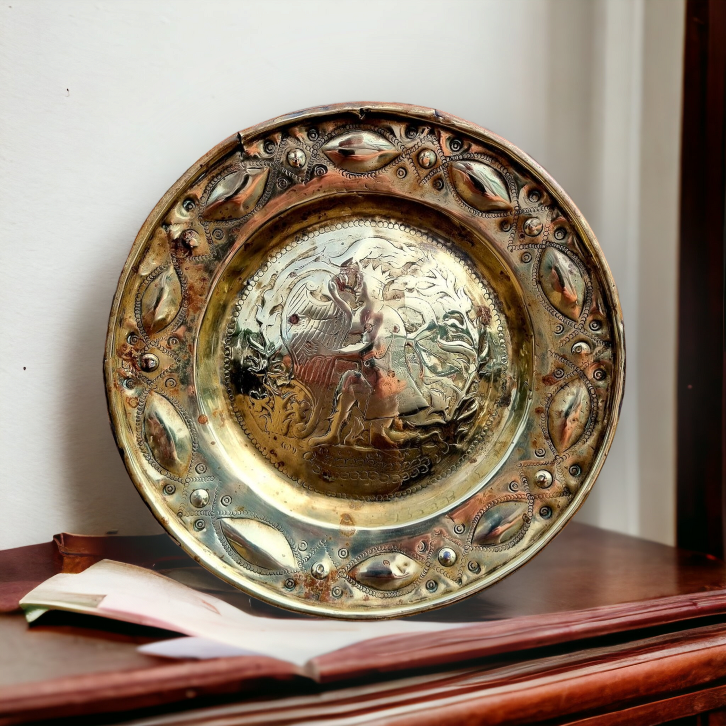 16th Century German Antique Brass Nuremberg Alms Dish Decorated with King David Playing a Harp