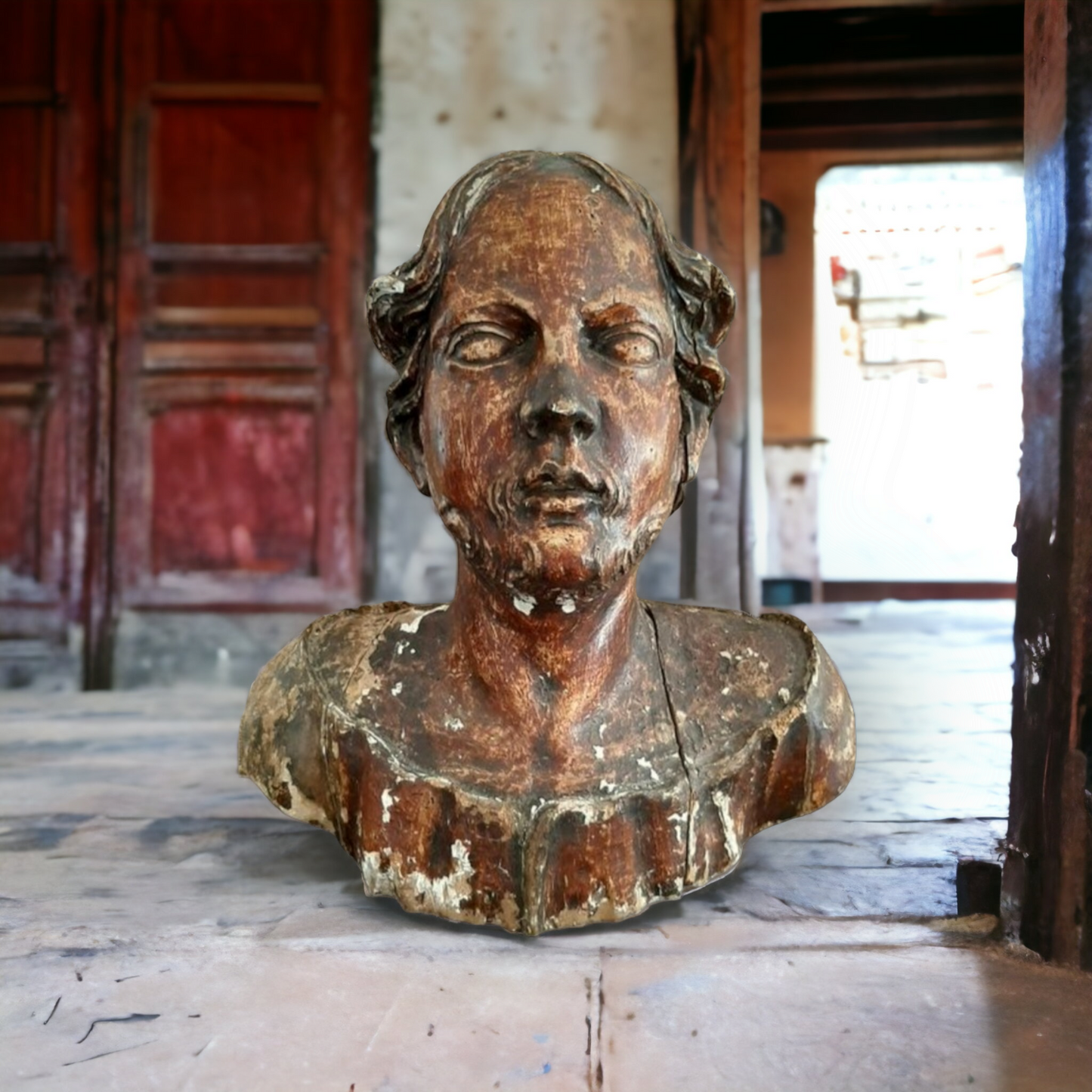 16th Century Italian Life-Size Antique Carved Lime Wood Bust Of A Saint