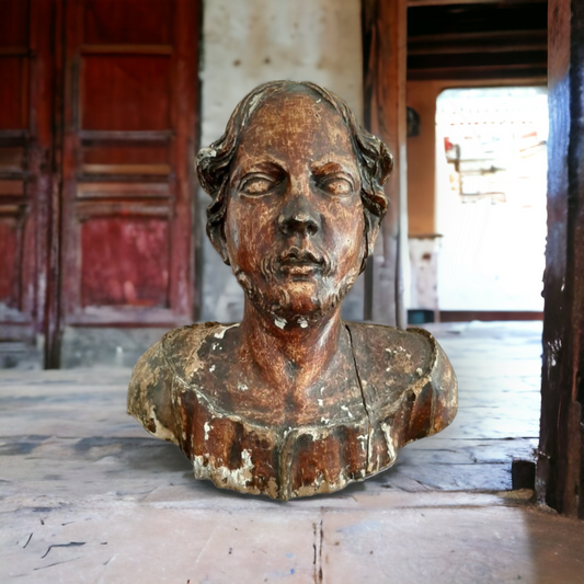 16th Century Italian Life-Size Antique Carved Lime Wood Bust Of A Saint