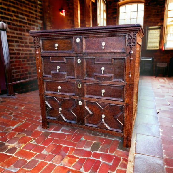 17th Century English Antique Oak Geometric Chest of Drawers, Circa 1680