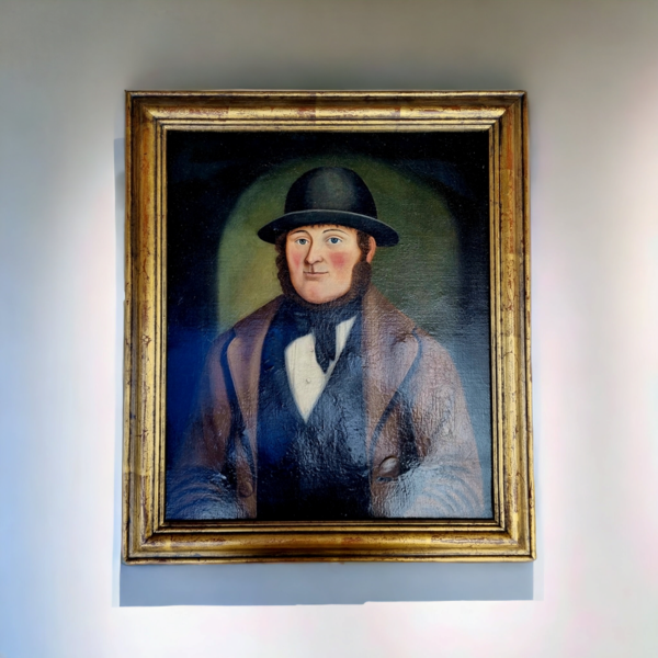 19th Century Primitive / Naïve English School Antique Oil On Canvas Portrait Of A Squire Wearing A Bowler Hat