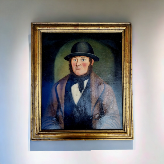 19th Century Primitive / Naïve English School Antique Oil On Canvas Portrait Of A Squire Wearing A Bowler Hat