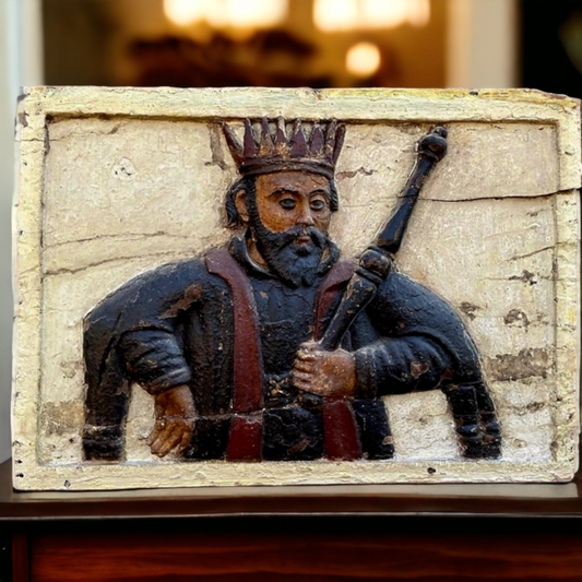 Large Mid 17th Century Indo-Portuguese Antique Carved Wooden Panel Depicting a King or Saint