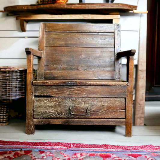 Diminutive 17th Century English Antique Oak, Pine and Ash Child's Bench / Box Settle