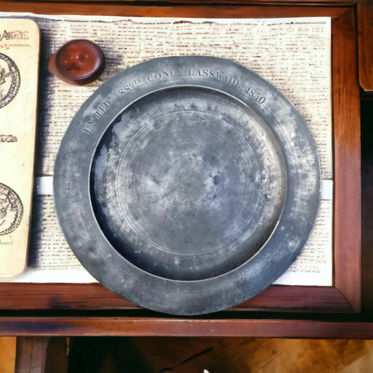 Robert Kinniburgh of Edinburgh - Early 19th Century Scottish Antique Pewter Charger Inscribed "United Assote Congn Lasswade 1830"