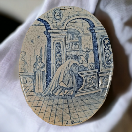 Large Mid 18th Century Italian Antique Blue and White Tin-Glazed Faience Tile / Plaque Depicting Saint Bruno