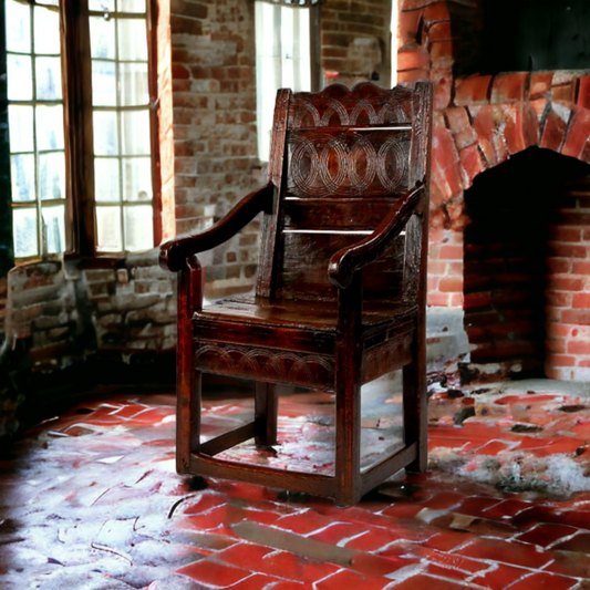 Mid 17th Century Welsh Antique Oak Panelled Back Wainscot Armchair, Circa 1670