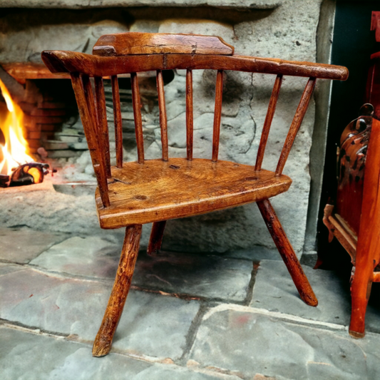 Early 19th Century George III Period Primitive Welsh Antique Oak, Ash and Elm Three-Legged Yolk Back Armchair, Circa 1800