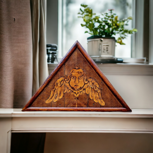 Early 18th Century Antique Oak Panel with Inlaid Veneer Depicting a Winged Angel