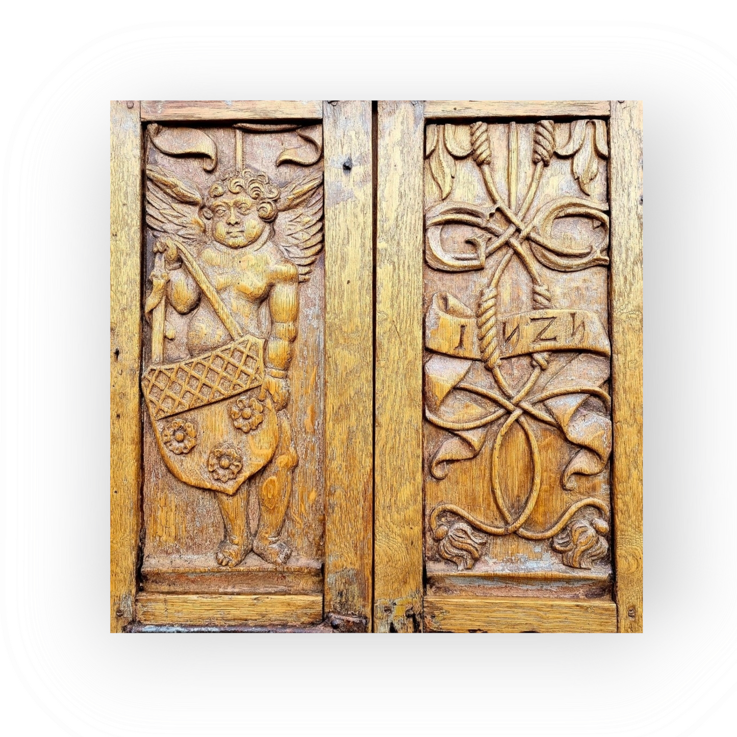 Pair of Early 16th Century Antique Carved Oak Window Shutters, Dated "1525" & Bearing the Initials "GC"