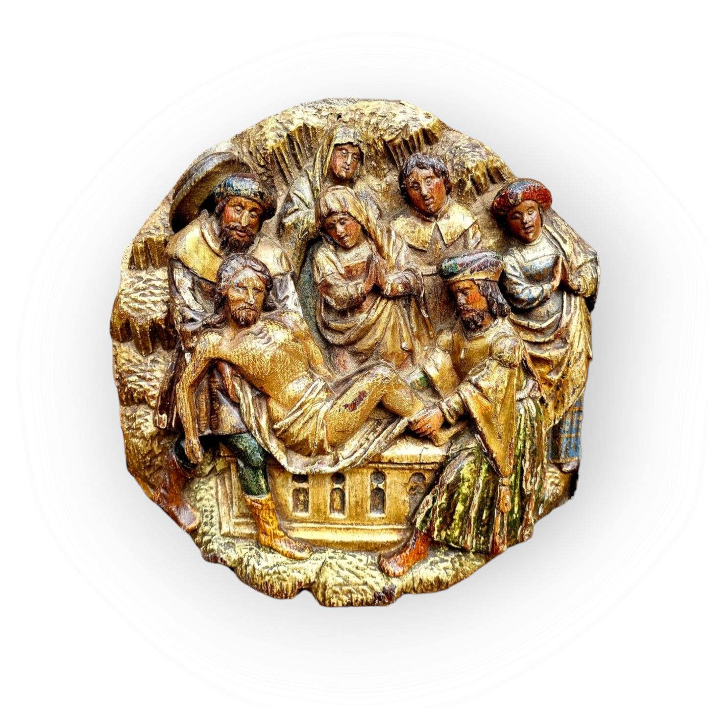 Early 16th Century Antique Carved Oak Tondo / Carved Oak Panel Depicting The Entombment of Christ, Circa 1500-1530