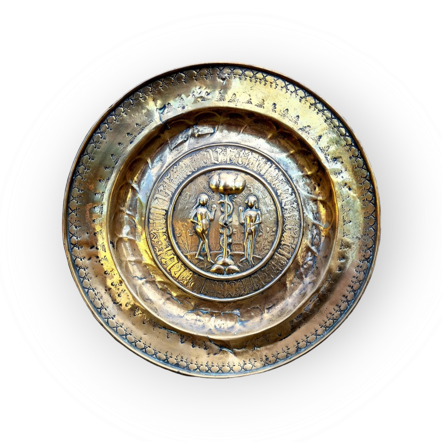 17th Century German Antique Brass Adam & Eve Alms Dish Attributed to Nuremberg
