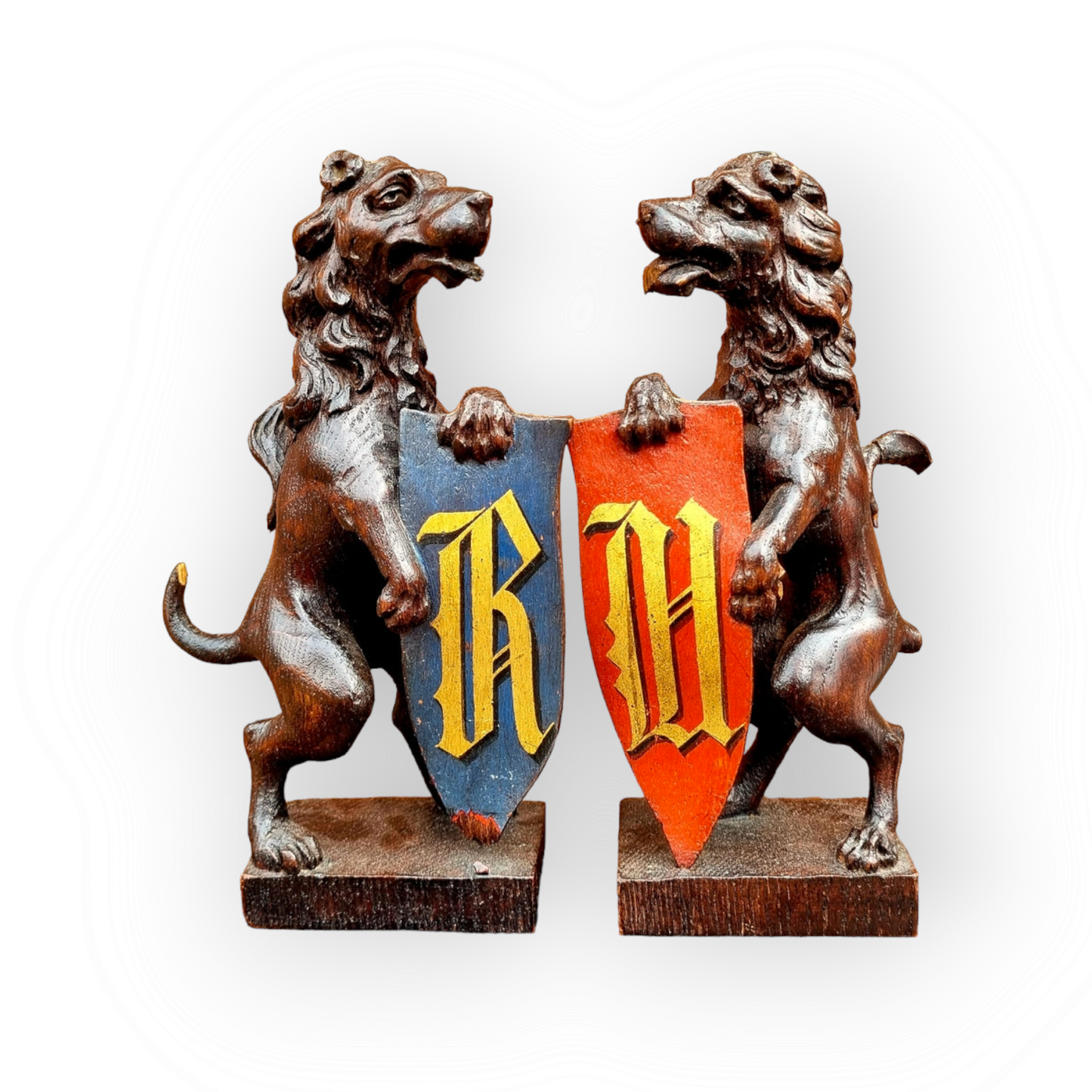 Pair of 19th Century Gothic Revival Antique Carved Oak Rampant Lions Bearing Polychromed Shields with the Initials "R" & "H"