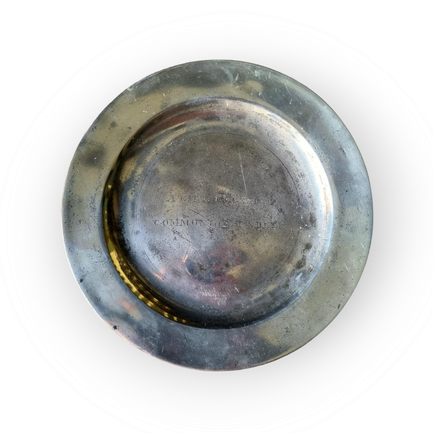 18th Century English Antique Pewter Communion Wafer Plate or Collection Plate, Inscribed "a gift for the communion table", Bearing London Touchmarks