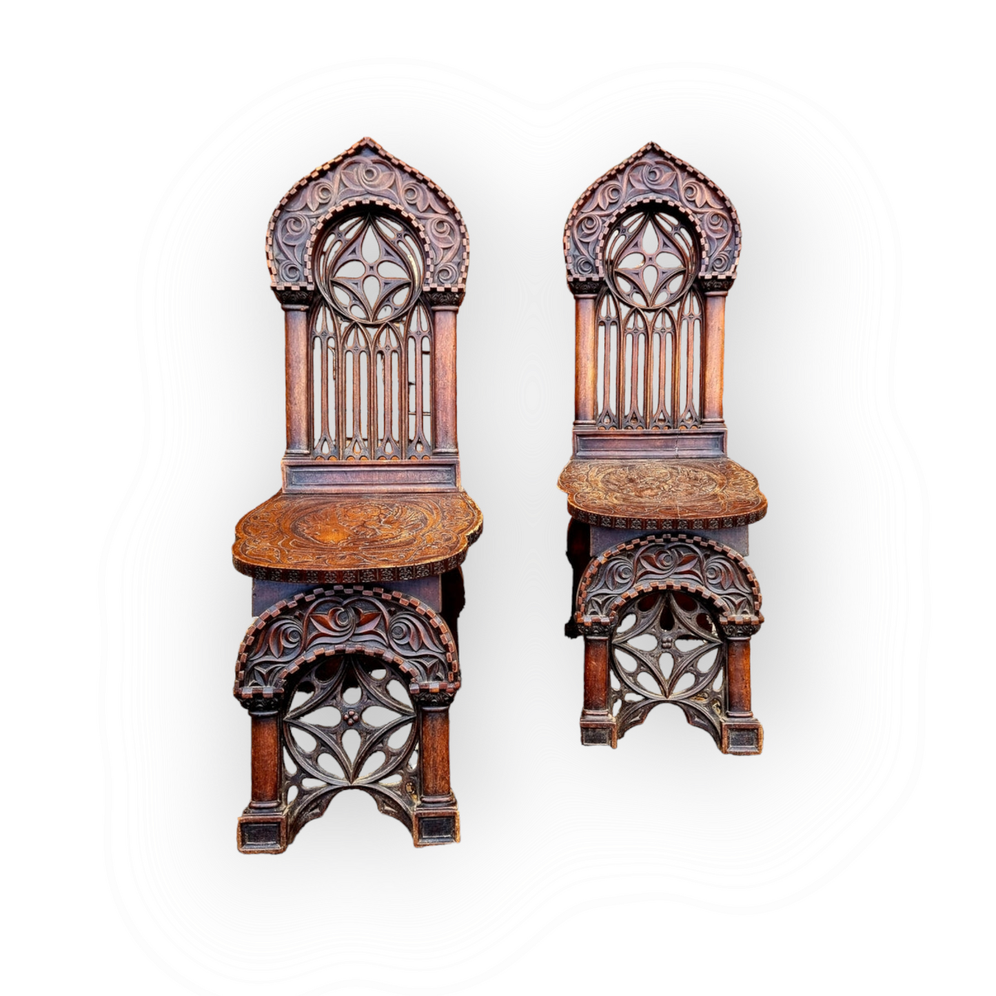 Follower of Augustus Pugin (1812-1852) - Rare Pair of Mid 19th Century Antique Walnut Gothic Revival Hall Chairs, Each Carved With The Symbol of Saint Mark