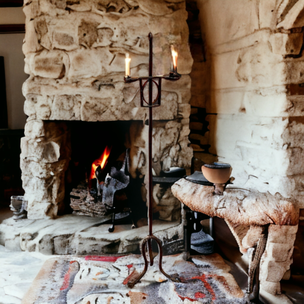 18th Century Scottish Antique Wrought Iron Floor Standing Adjustable Candle Holder with "Save All" Socket