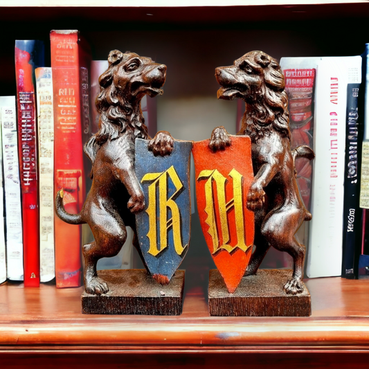 Pair of 19th Century Gothic Revival Antique Carved Oak Rampant Lions Bearing Polychromed Shields with the Initials "R" & "H"