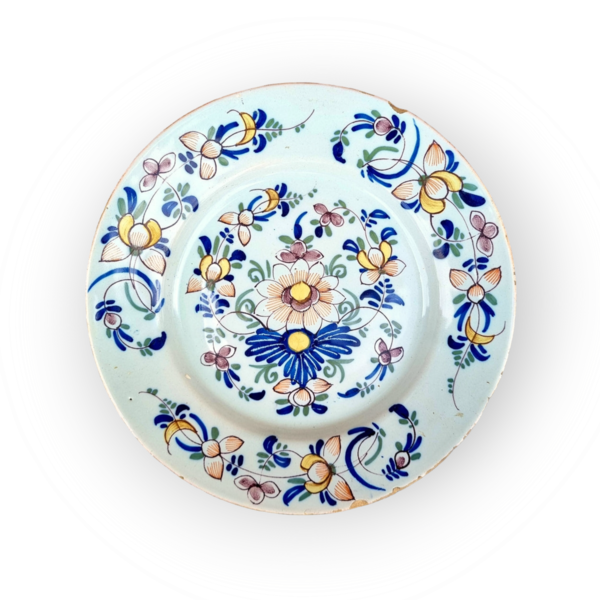 Mid 18th Century English Antique Delftware Polychrome Plate with Flowers and Foliage, Attributed to Lambeth, London