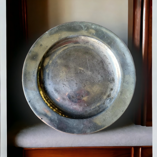 18th Century English Antique Pewter Communion Wafer Plate or Collection Plate, Inscribed "a gift for the communion table", Bearing London Touchmarks